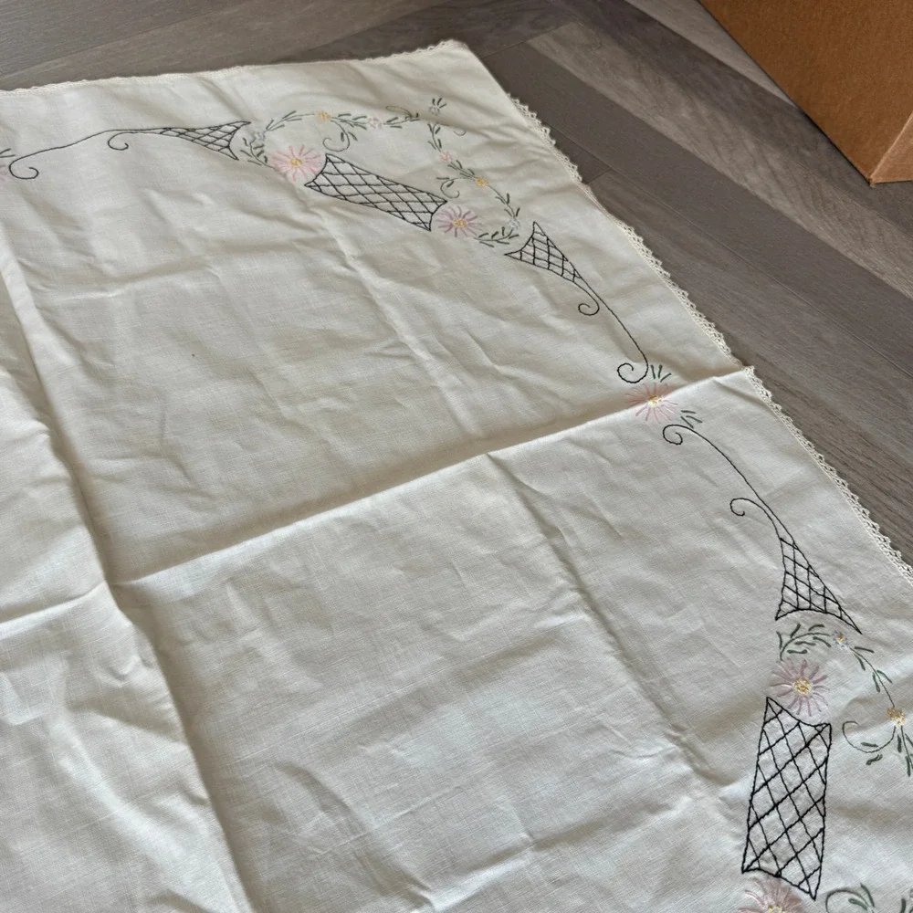 Vintage Hand Embroidered Floral Linen Tablecloth Lace Trim 31x33 Off White